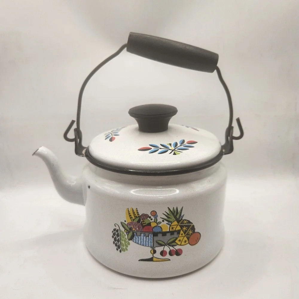 Vintage Enamelware Tea Kettle Fruit Bowl Graphic White Speckled Enamel Teapot